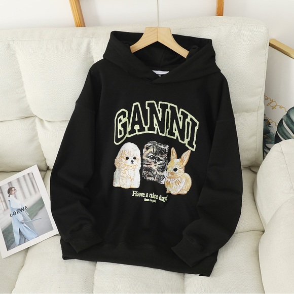 Ganni Black Hoodie with Animal Graphic
